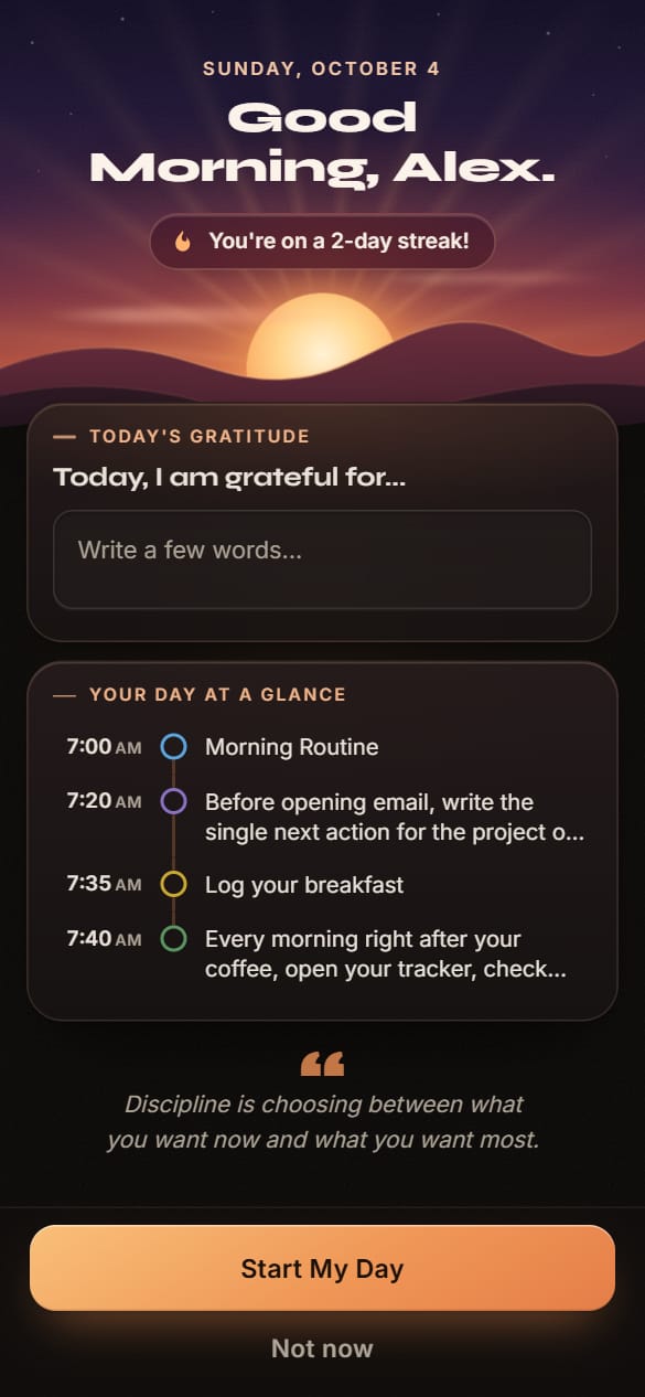 The Wake-Up screen: a sunrise, a gratitude line and the day's most important tasks