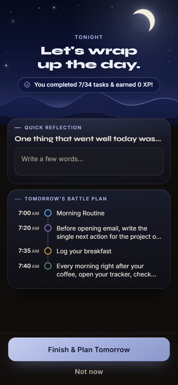 The Wind-Down screen: a quick reflection and tomorrow's plan under a night sky